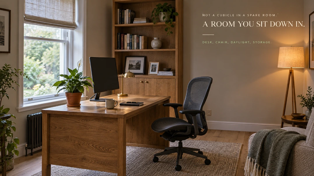 Home office with an oak desk side-on to a window, task chair, open shelving and a plant