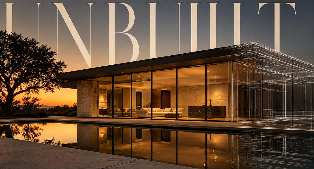 Luxury home at dusk dissolving into wireframe, under editorial cover type reading unbuilt
