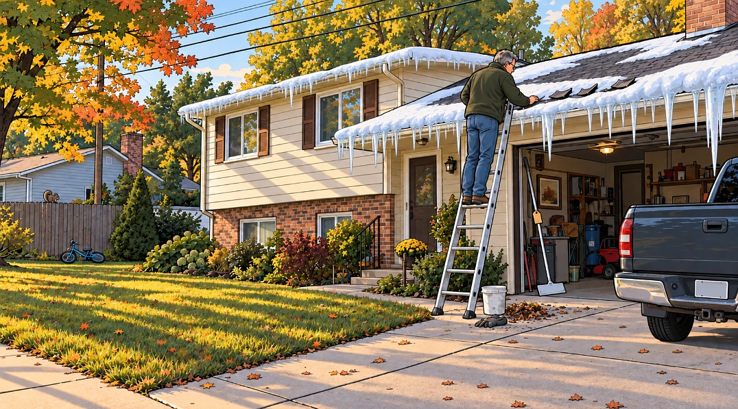 Man on a ladder inspecting lifted shingles at the eave of a 1970s Madison house in September evening light