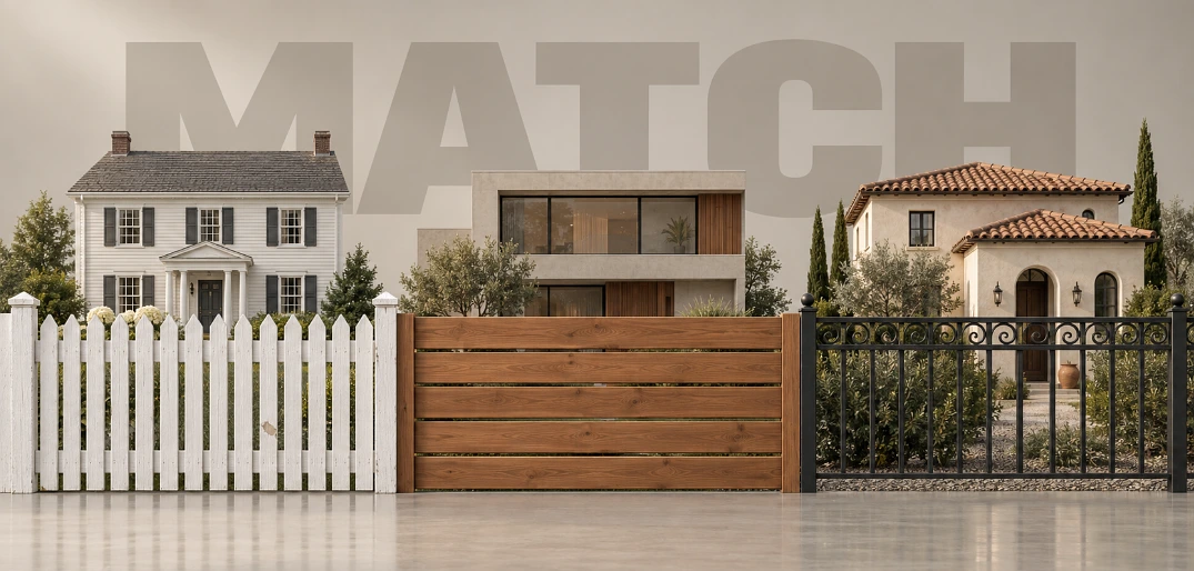 One fence panel changing from picket to cedar slats to wrought iron, with a matching house model behind each section