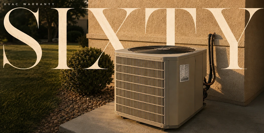 Outdoor HVAC condenser unit under editorial cover typography reading sixty days to register