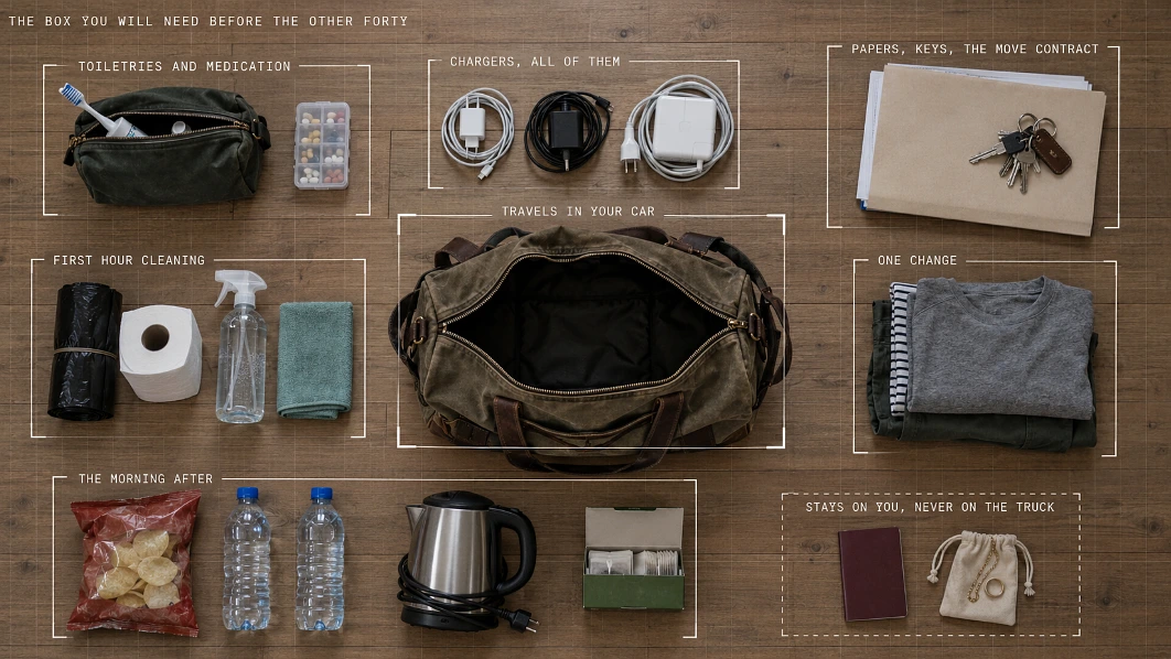 Overhead flat lay of a first-night moving bag and its contents annotated with white spec-sheet labels