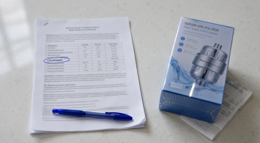 Overhead shot of a water quality report with CHLORAMINE circled in pen beside an unopened shower filter box