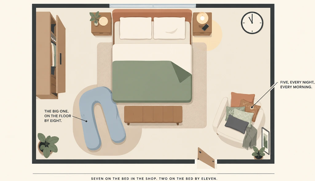 Overhead vector illustration of a bedroom at night with two pillows on the bed, five heaped on a corner chair and a U-shaped pillow on the floor