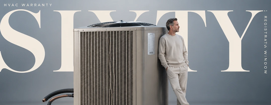 Oversized HVAC condenser unit in a studio with a person leaning against it, under large serif type reading sixty