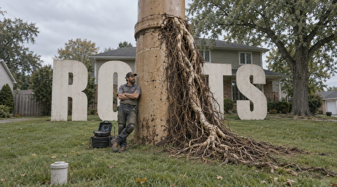 Plumber leaning against a giant upright clay sewer pipe on a lawn with tree roots bursting from its joint, the word Roots behind it