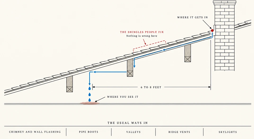 Roof cross-section tracing water from a chimney flashing gap along a rafter to a ceiling stain