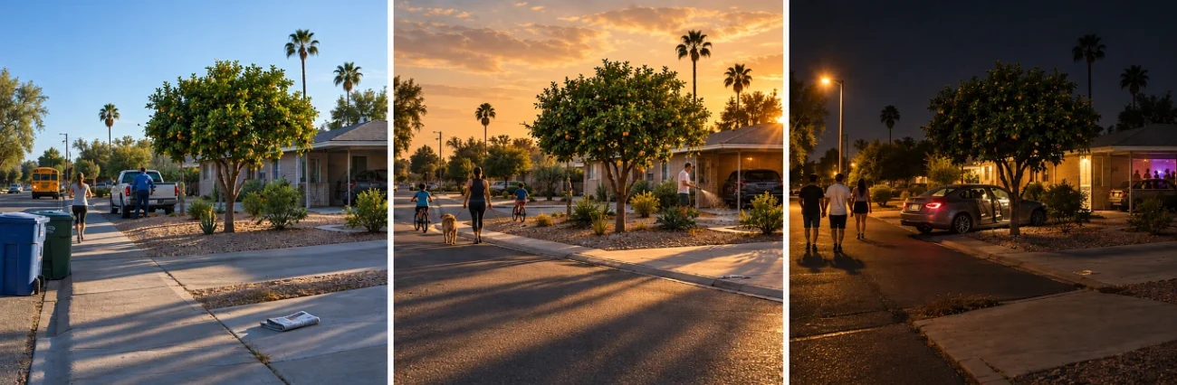 Three photos of the same Phoenix street from one spot at morning, early evening and late Saturday night