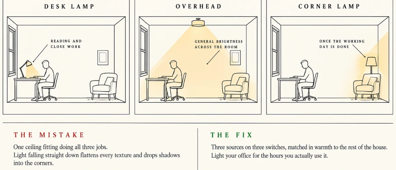 Three room diagrams showing a desk lamp, an overhead fitting and a corner lamp each lighting different areas