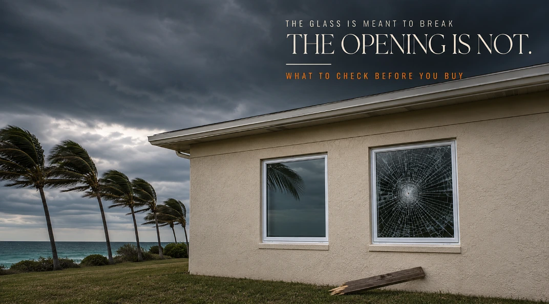 Two Florida windows side by side, one intact and one shattered but still holding in its frame