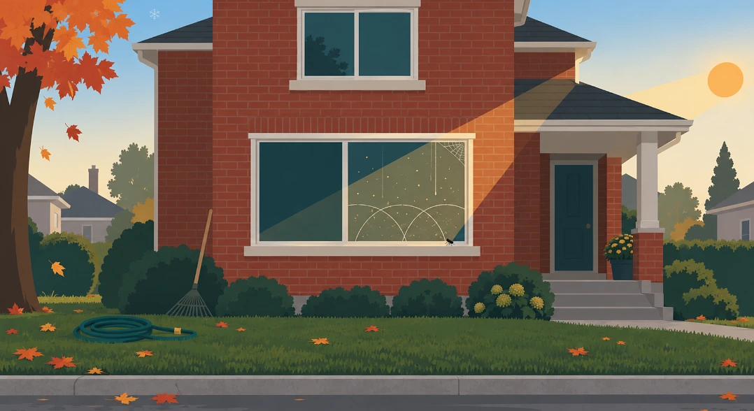 Vector illustration of low September sun revealing streaks, pollen and sprinkler arcs on the front window of a red-brick house