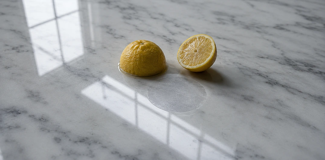 Window reflection breaking across a dull etched ring on polished white marble beside a lemon half