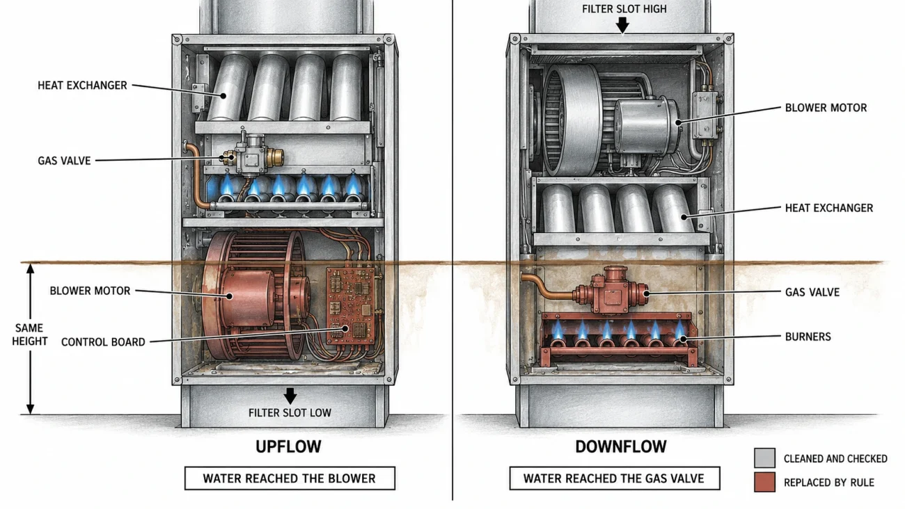 Cutaway comparison of upflow and downflow furnaces showing the same flood height reaching different parts