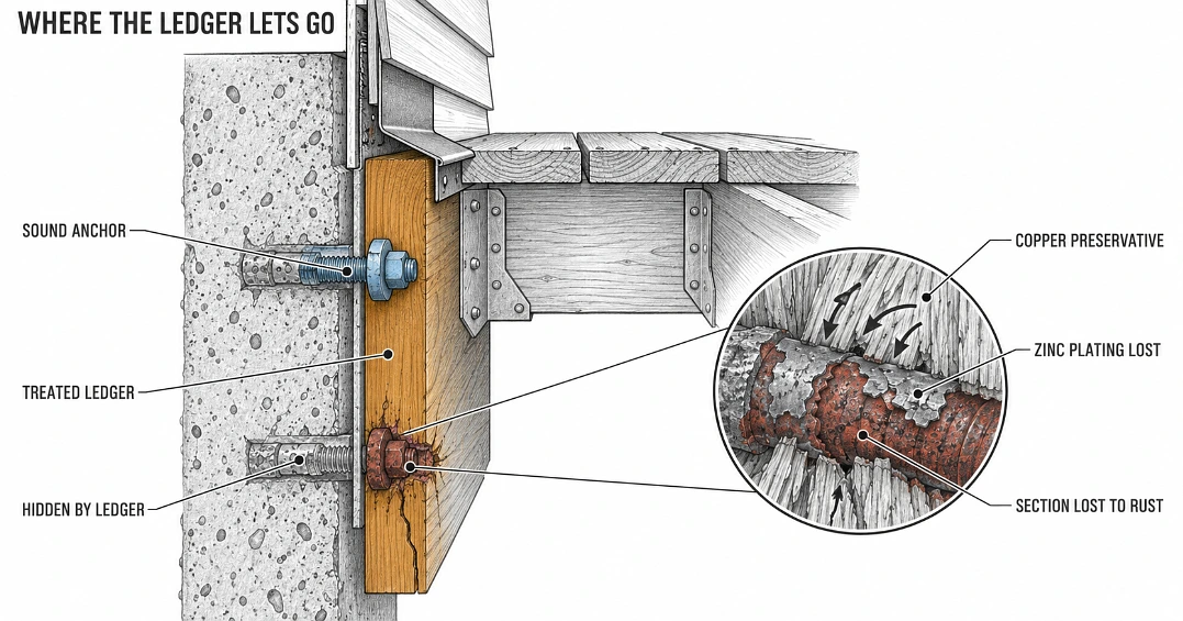 Cutaway of a deck ledger on concrete showing one sound anchor and one corroded through