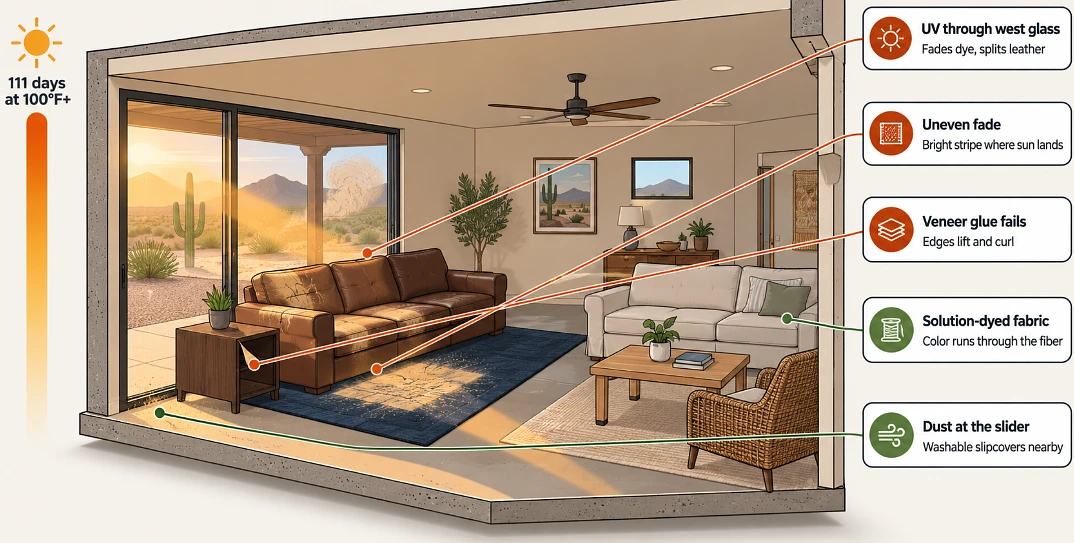 Cutaway of a Phoenix living room where west sun fades a leather couch and rug while fabric furniture holds up