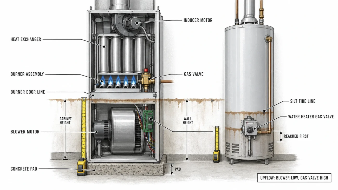 Cutaway of an upflow furnace with a silt tide line across the blower compartment and measured heights labelled