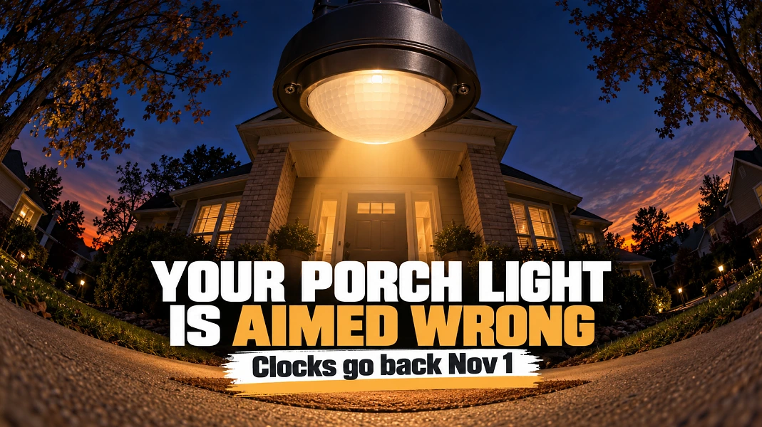 Fisheye dusk view of a giant motion porch light looming over a house and pointing at the doormat