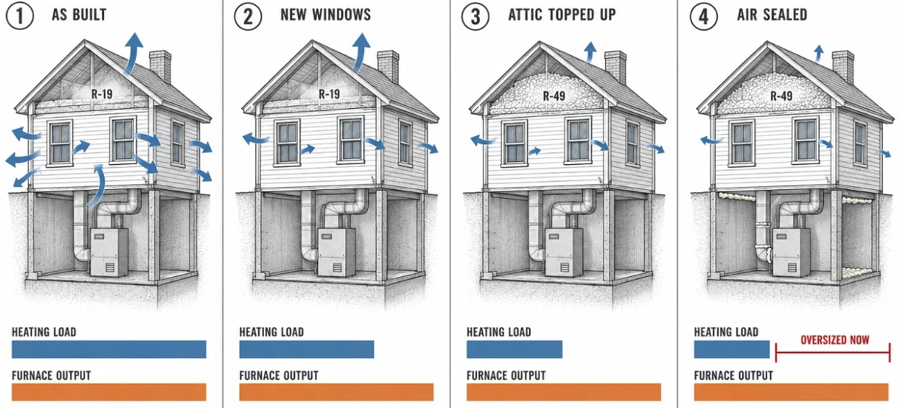 Four drawings of the same house losing less heat after upgrades while the furnace output stays the same
