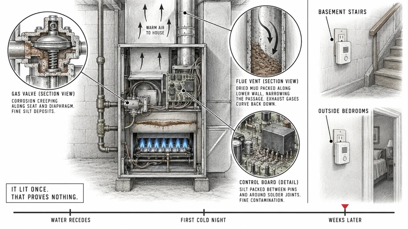 Furnace section with magnified details of a corroded gas valve, silted control board and mud-packed flue