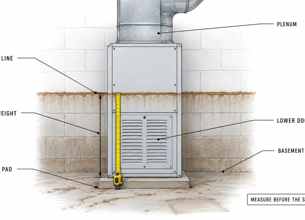 Gas furnace in a flooded basement with a silt tide line across the cabinet and a tape measure against it