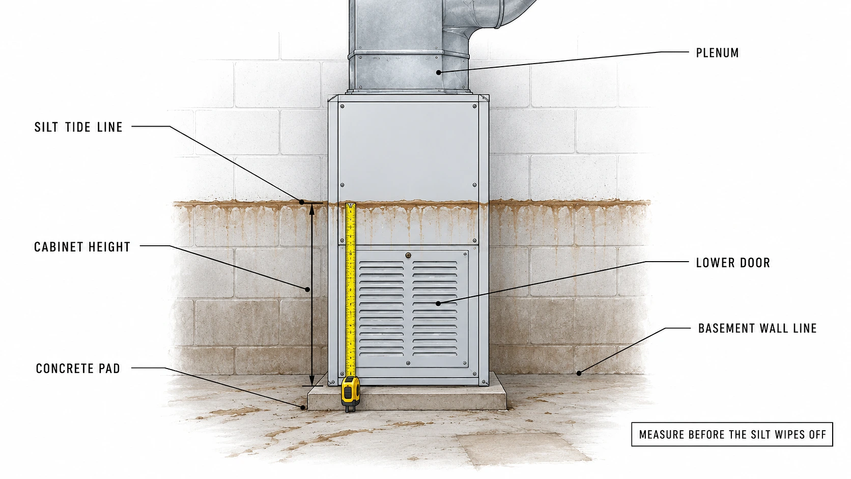 Gas furnace in a flooded basement with a silt tide line across the cabinet and a tape measure against it