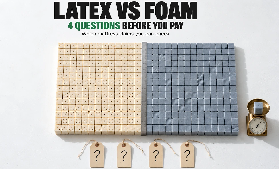 Latex and memory foam cubes laid out as a split mattress beside four question-mark tags and a small scale