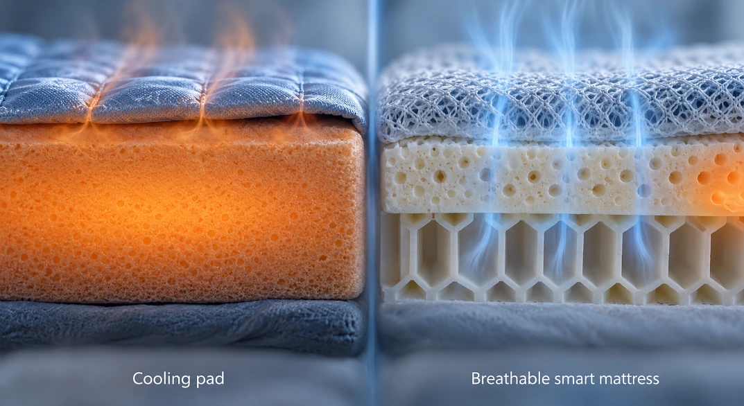 Macro cross-sections comparing a cooling pad over hot memory foam with a breathable mattress letting air through