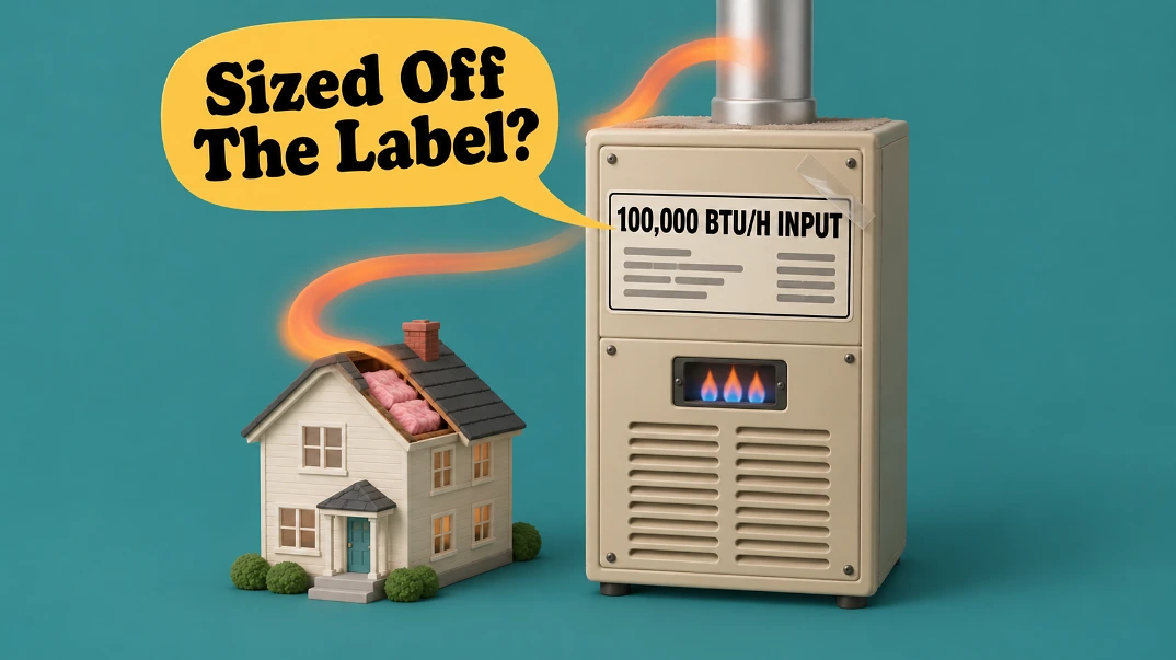 Oversized old furnace with a 100,000 BTU label beside a small model house, under a yellow speech bubble