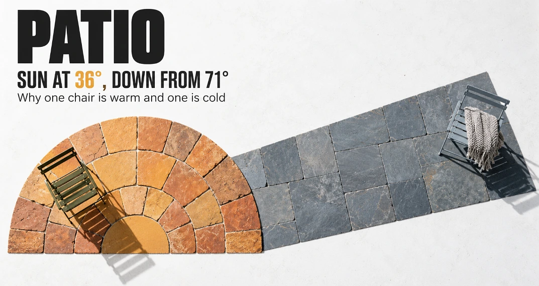 Patio tiles laid out as a low sun with a long cold shadow, with one chair in each