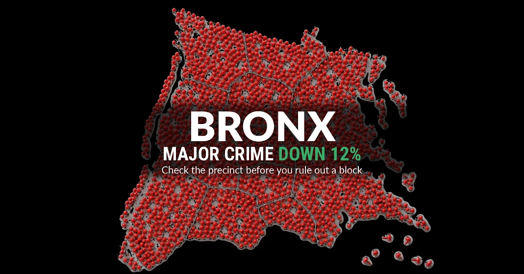 Red pushpins laid out as a map of the Bronx split into 12 precincts, with some pins removed