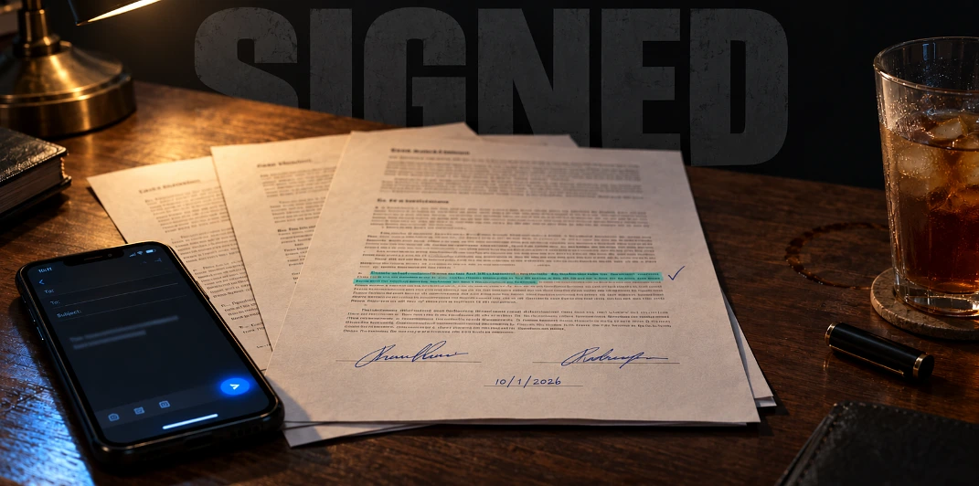 Signed lease agreement on a table with one clause highlighted and a phone showing an unsent email