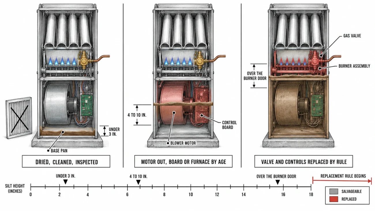 Three furnace cutaways showing flood heights at the base pan, the blower and above the gas valve