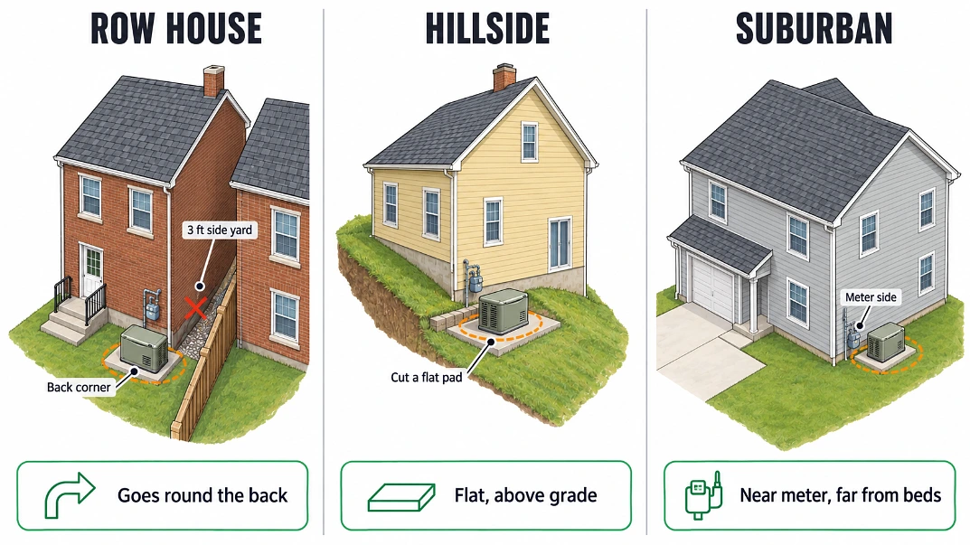 Three Pittsburgh lot types showing a standby generator placed at the back corner of each house