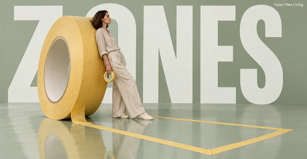 Woman leaning on a giant roll of yellow painter’s tape that marks out a zone on the floor, with ZONES behind her